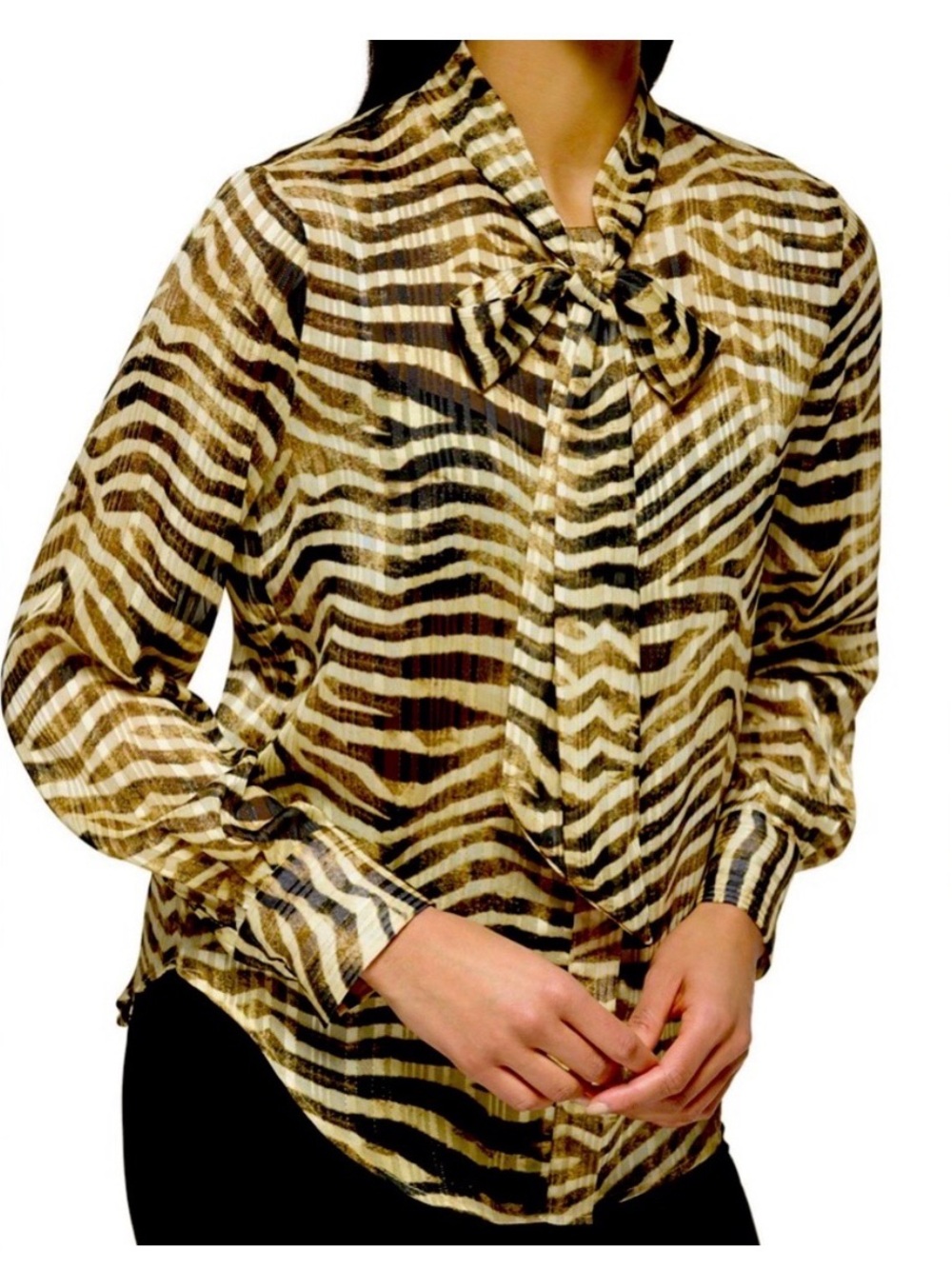 DKNY Womens Brown Zebra-Print Tie-Neck Shirt